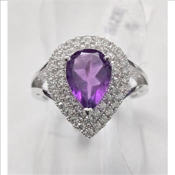 No Reserve Amethyst & Zircon Pear Cut Ring Size 6