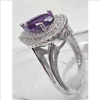 No Reserve Amethyst & Zircon Pear Cut Ring Size 6