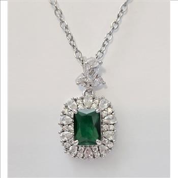 No Reserve Emerald & Zircon Pendant & Chain Necklace