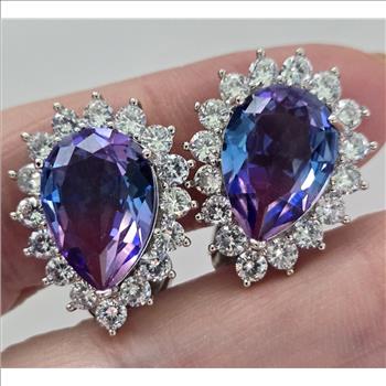  No Reserve Bi Color Quartz Blue & Pink Pear Cut Halo Earrings