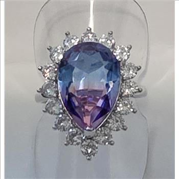  No Reserve Bi Color Quartz Blue & Pink Pear Cut Halo Ring Size 9