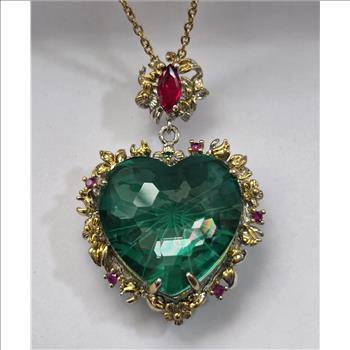 No Reserve Emerald & Ruby Heart Pendant & Chain Necklace