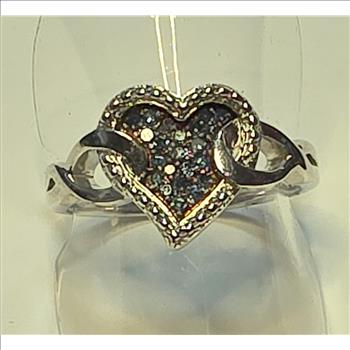 No Reserve  .15 ct Natural Blue Diamond Platinum/.925 Sterling Silver Heart Ring Size 8
