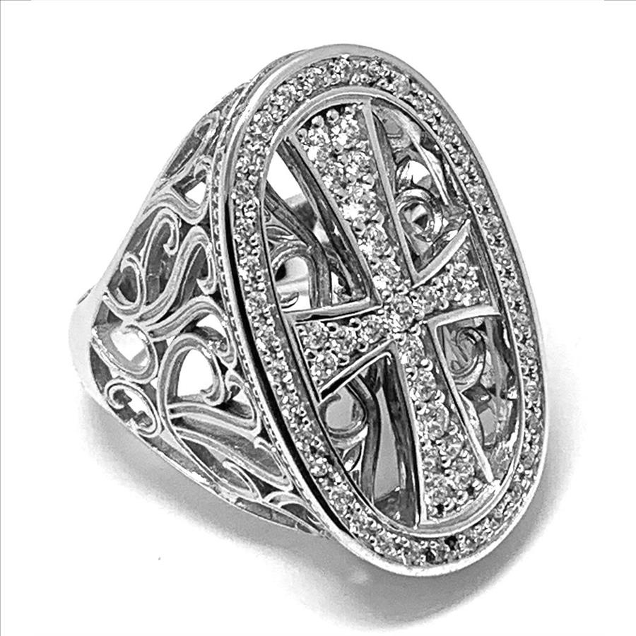 $650 Retail 1.50ctw Moissanite Large Custom Cross Design Ring in 18k WG & .925 Sterling Silver