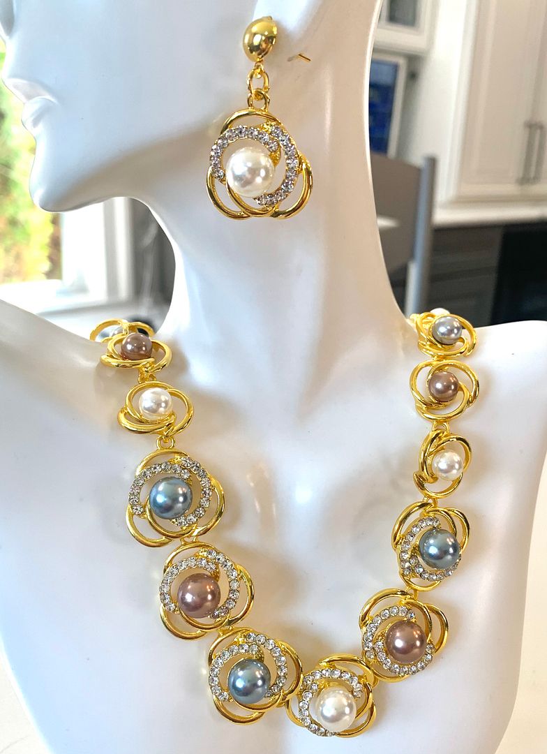 13 Multicolor Pearls & CZ Set Of Necklace & Earrings