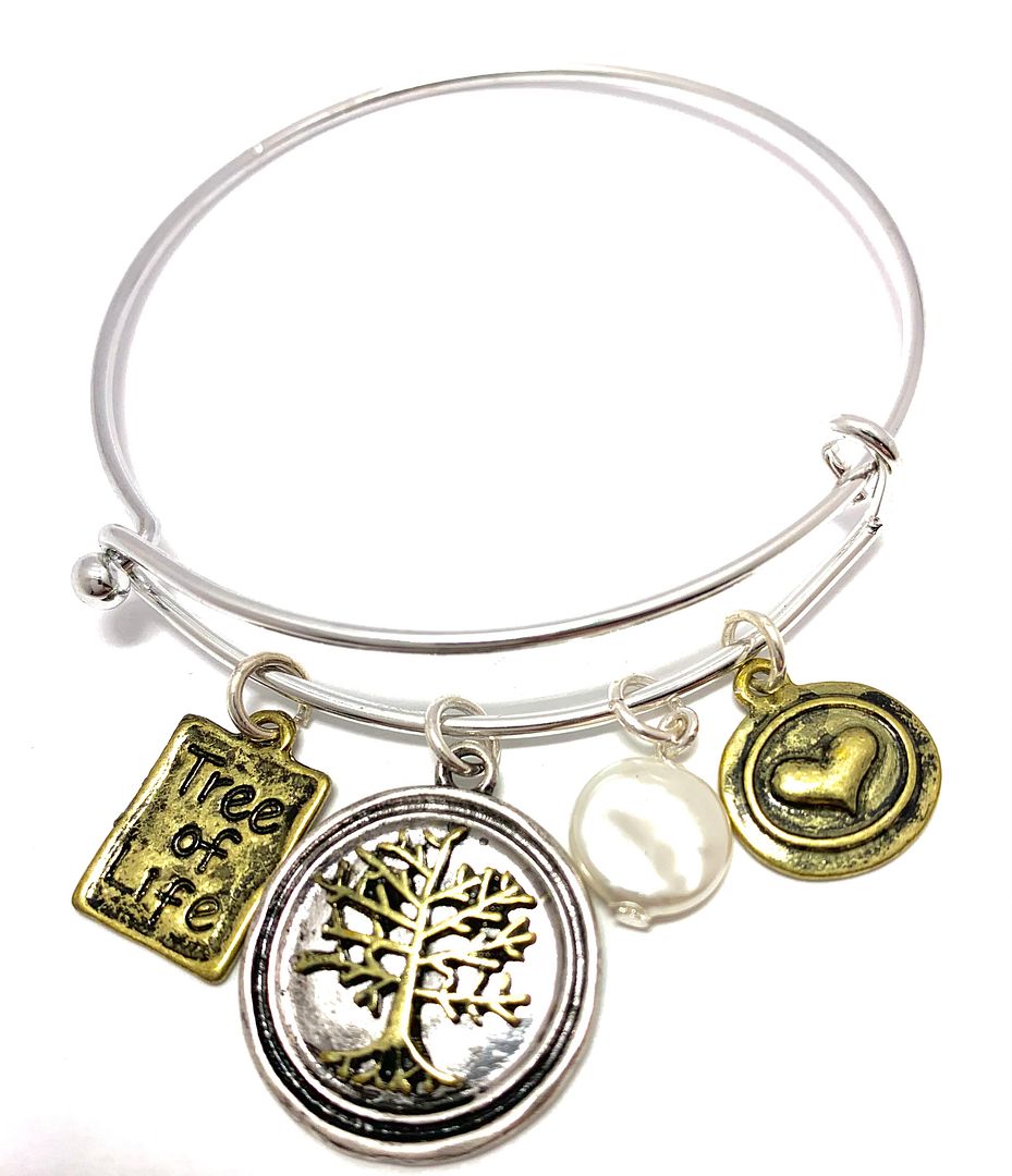 14k Two Tone Gold Over “Tree Of Life” Pearl Bangle Bracelet