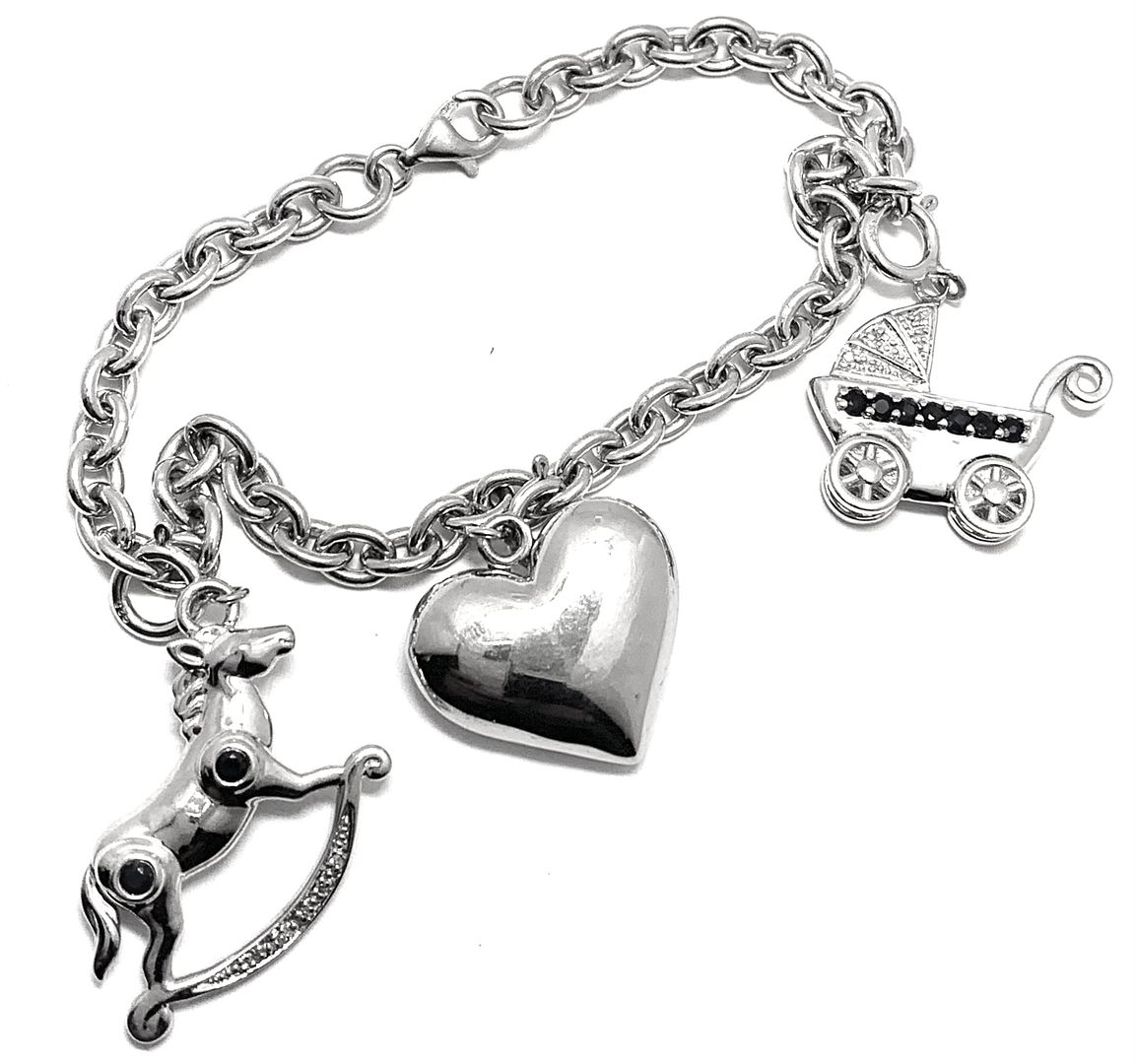 18k Gold & .925 Sterling Silver 0.05ctw Genuine Diamonds & 0.50ctw Genuine Sapphire Large Charm  Bracelet
