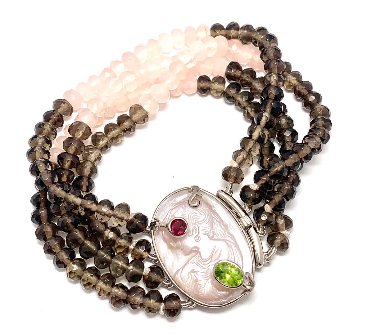 18k Gold & .925 Sterling Silver Genuine Mother Of Pearl Cameo, Genuine Smooky & Rose Quartz, Peridot & Garnet Large Bracelet