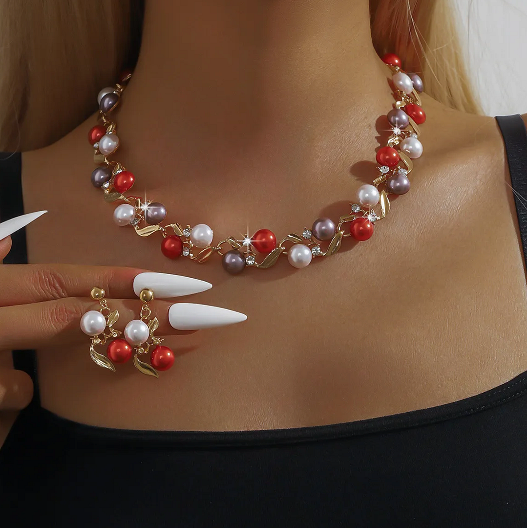 18K Gold Overlay 10mm Multicolor Pearls & Diamonique Diamond  Necklace & Earrings Set