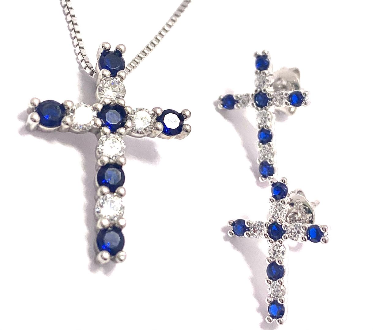 18k Gold Overlay 2.00ctw Sapphire & Diamonique Diamond  Cross Necklace & Earrings Set