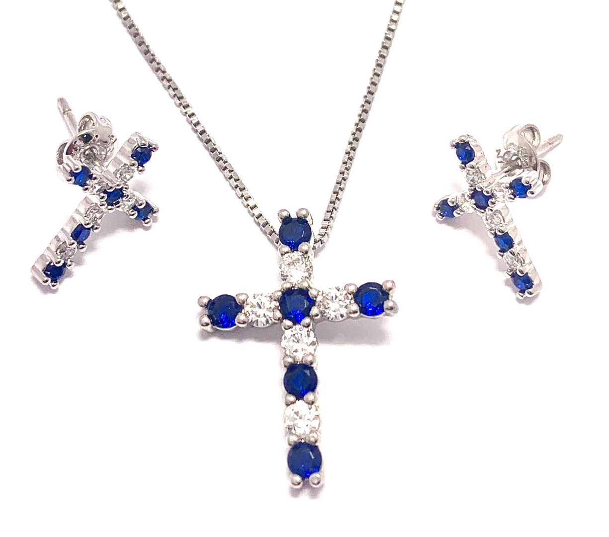 18k Gold Overlay 2.00ctw Sapphire & Diamonique Diamond  Cross Necklace & Earrings Set