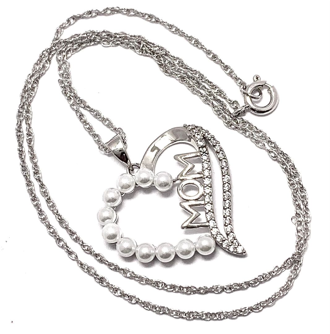 18k Gold Overlay 3mm White Pearl & Diamonique Diamonds Heart Necklace