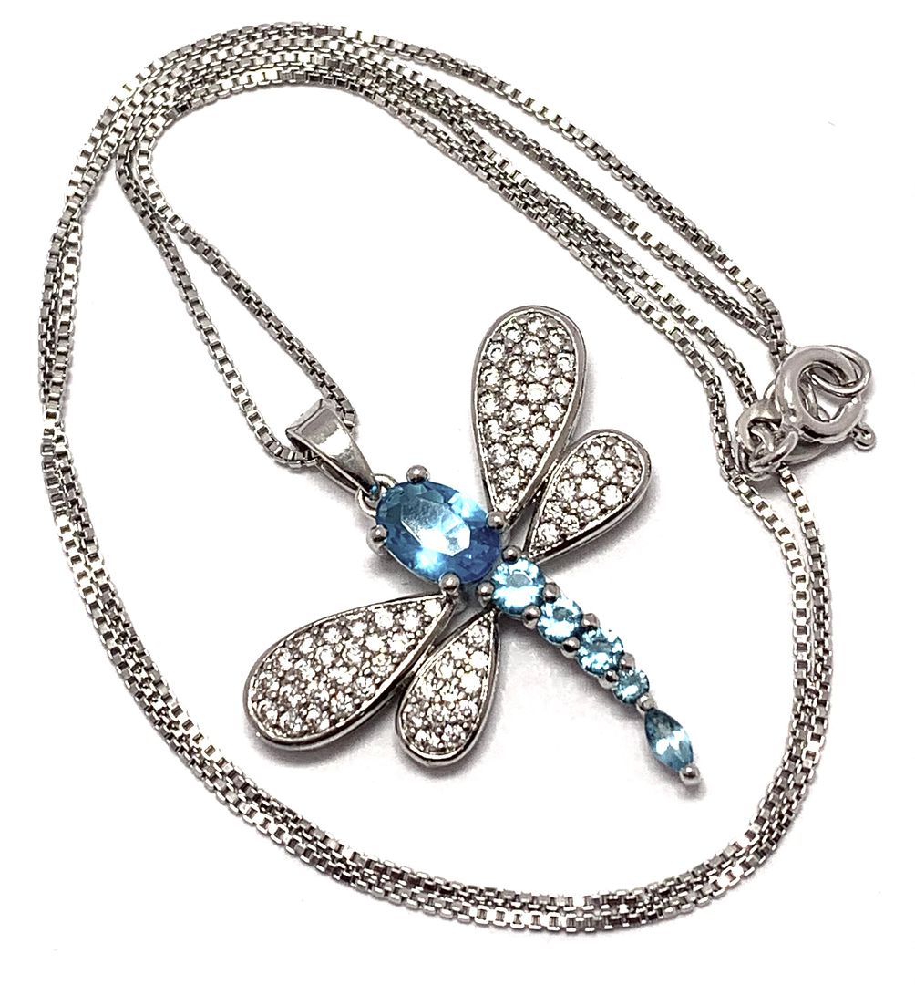 18k Gold Overlay 4.00ctw Blue Topaz & Diamonique Diamonds Dragonfly Necklace