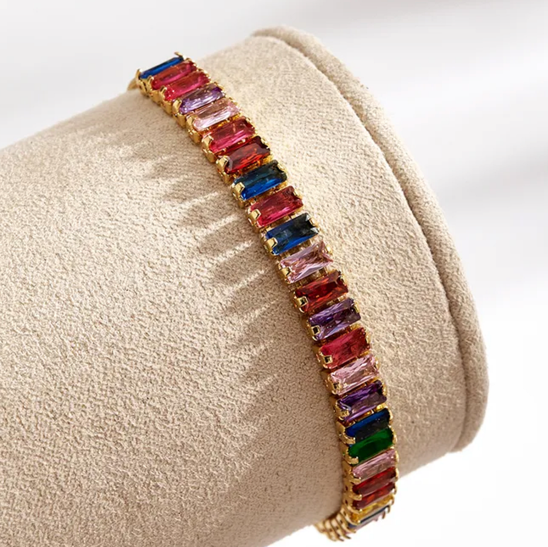 18K Gold Overlay 5.00ctw Multicolor Stones Adjustable 7”-9” Long Bracelet
