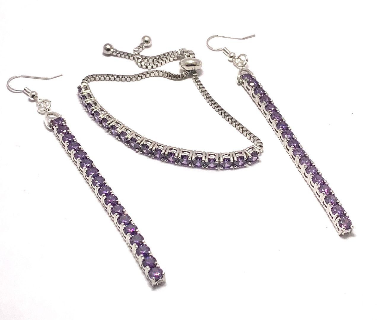 18k Gold Overlay 8.00ctw Amethyst Adjustable Bracelet & Dangle Earrings Set