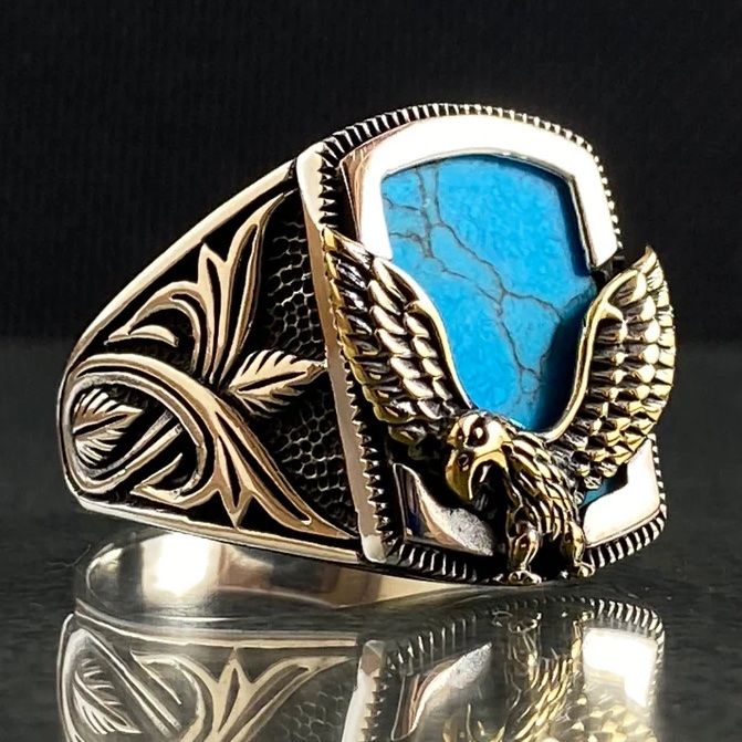 18K Gold Overlay Eagle Design Turquoise Mens Ring Size 10