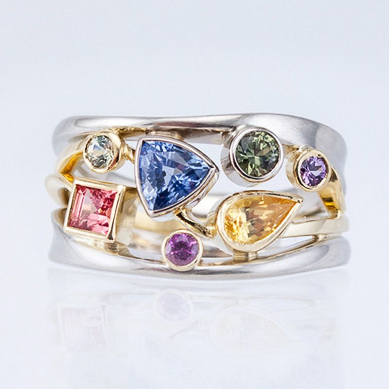 18K Gold Overlay Modern Design Multicolor Stones Ladies Ring Size 7