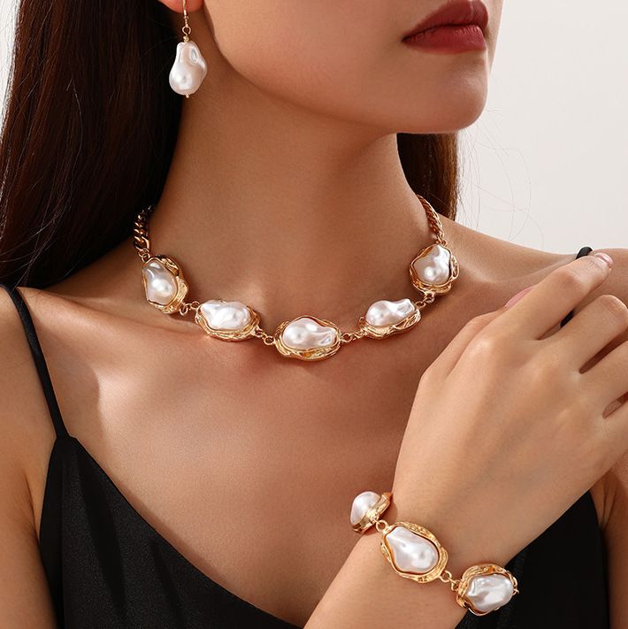 18K Gold Overlay Mother of Pearl Set Necklace, Bracelet & Earrings