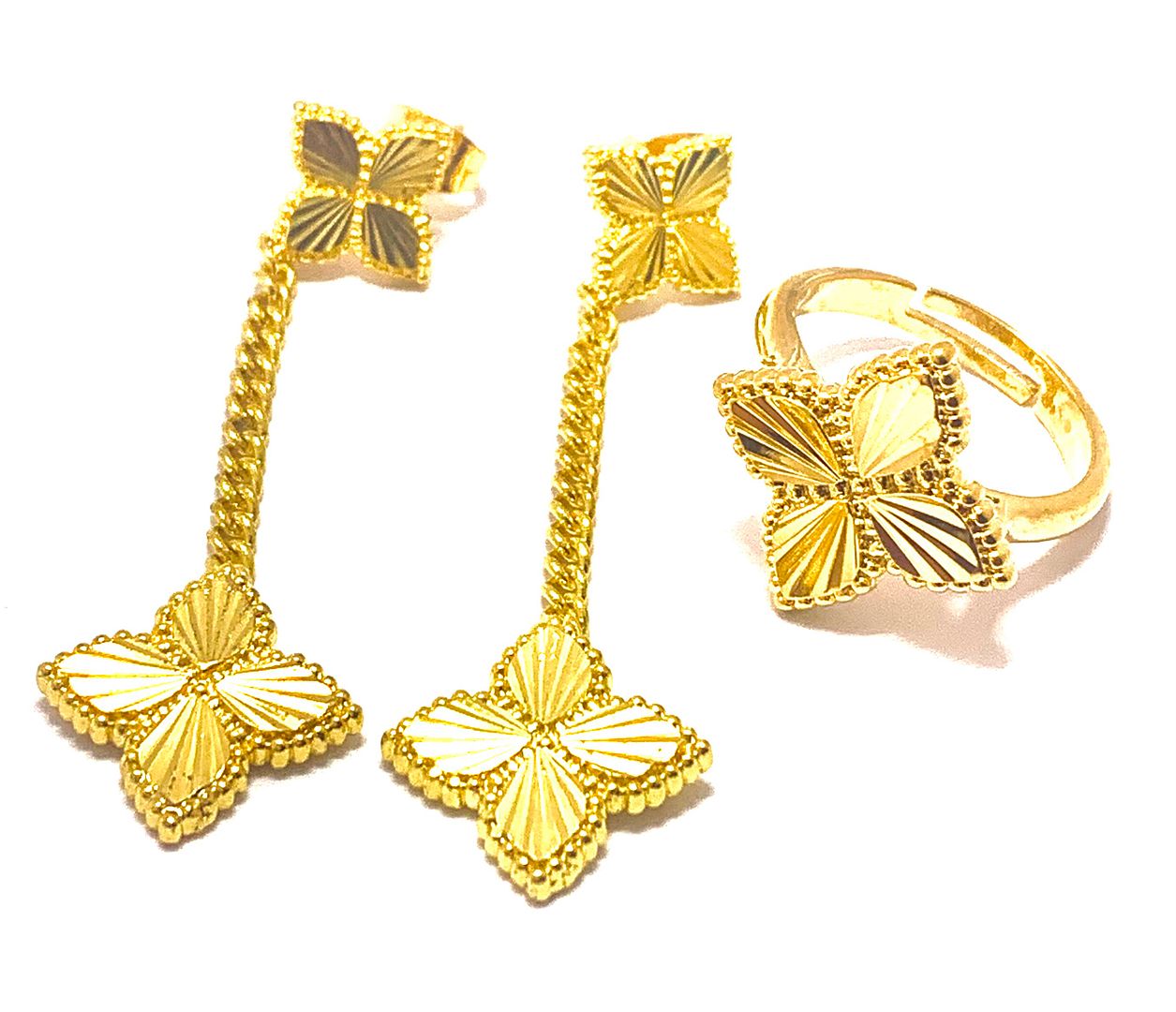 18k Yellow Gold Overlay Set Fancy Ring & Earrings