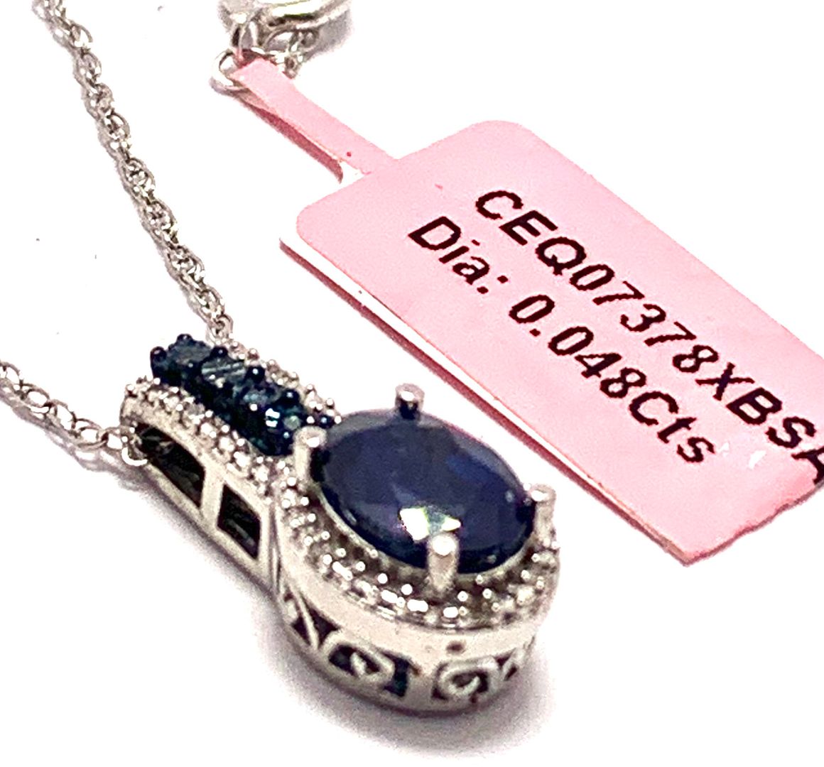 $223 Retail .925 Sterling Silver & 18k WG 0.048ctw Genuine Diamonds & 2.00ctw Sapphire Necklace