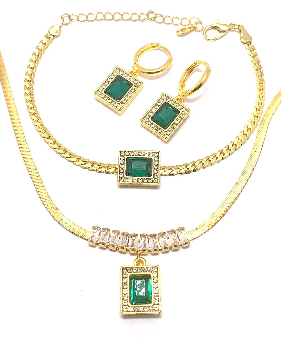 35.50ctw Emerald & CZ Set Fancy Necklace, Bracelet & Earrings