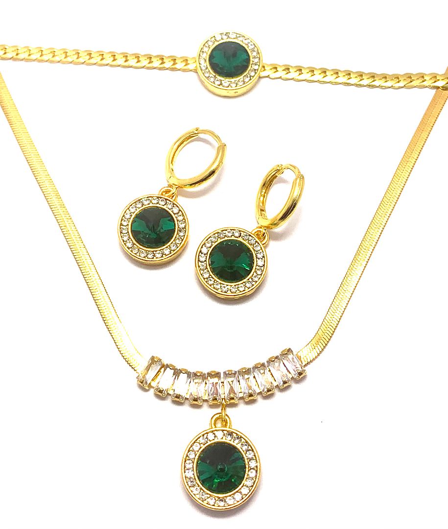35.50ctw Emerald & CZ Set Fancy Necklace, Bracelet & Earrings