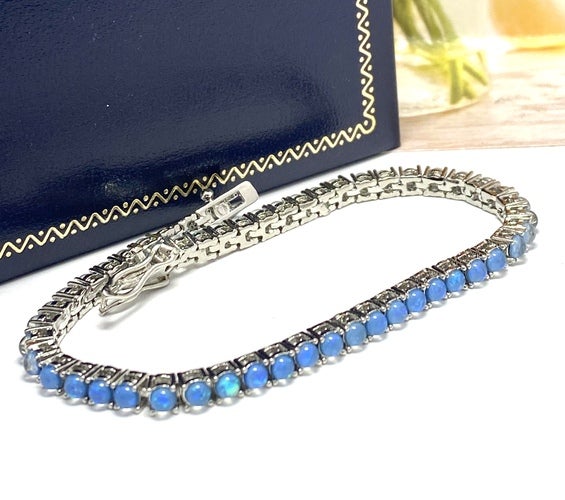 4.25ct Blue Opal Tennis Bracelet 14k White Gold Plated Classic 4 Prong