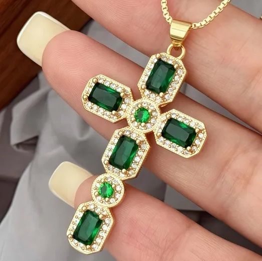 5.50ctw Emerald & White Sapphire 18k Yellow Gold Overlay Cross Necklace