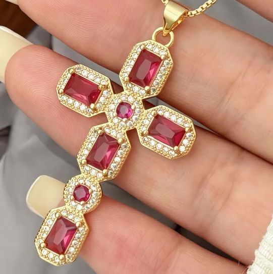 5.50ctw Ruby & White Sapphire 18k Yellow Gold Overlay Cross Necklace