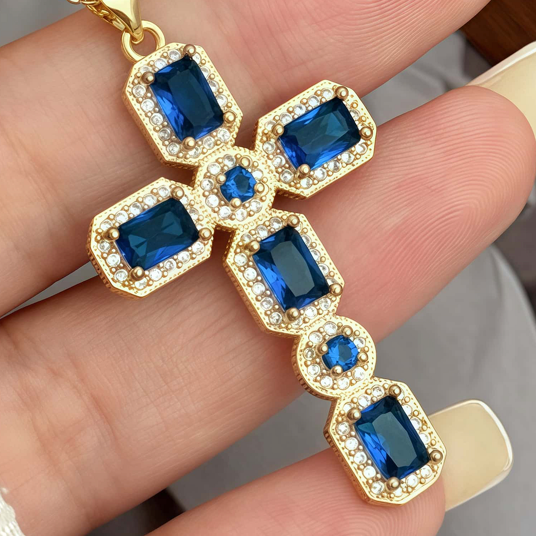 5.50ctw Sapphire & White Sapphire 18k Yellow Gold Overlay Cross Necklace