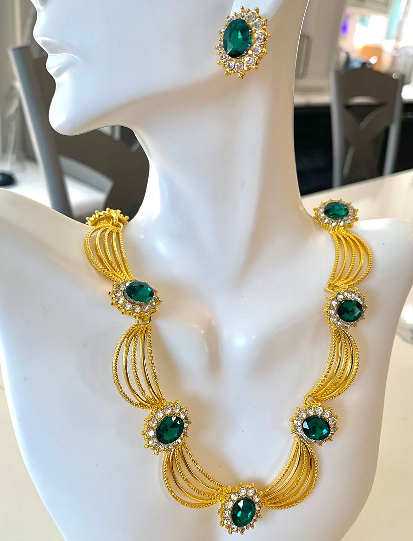 75.00ctw Emerald & CZ Set of Fancy Necklace & Earrings