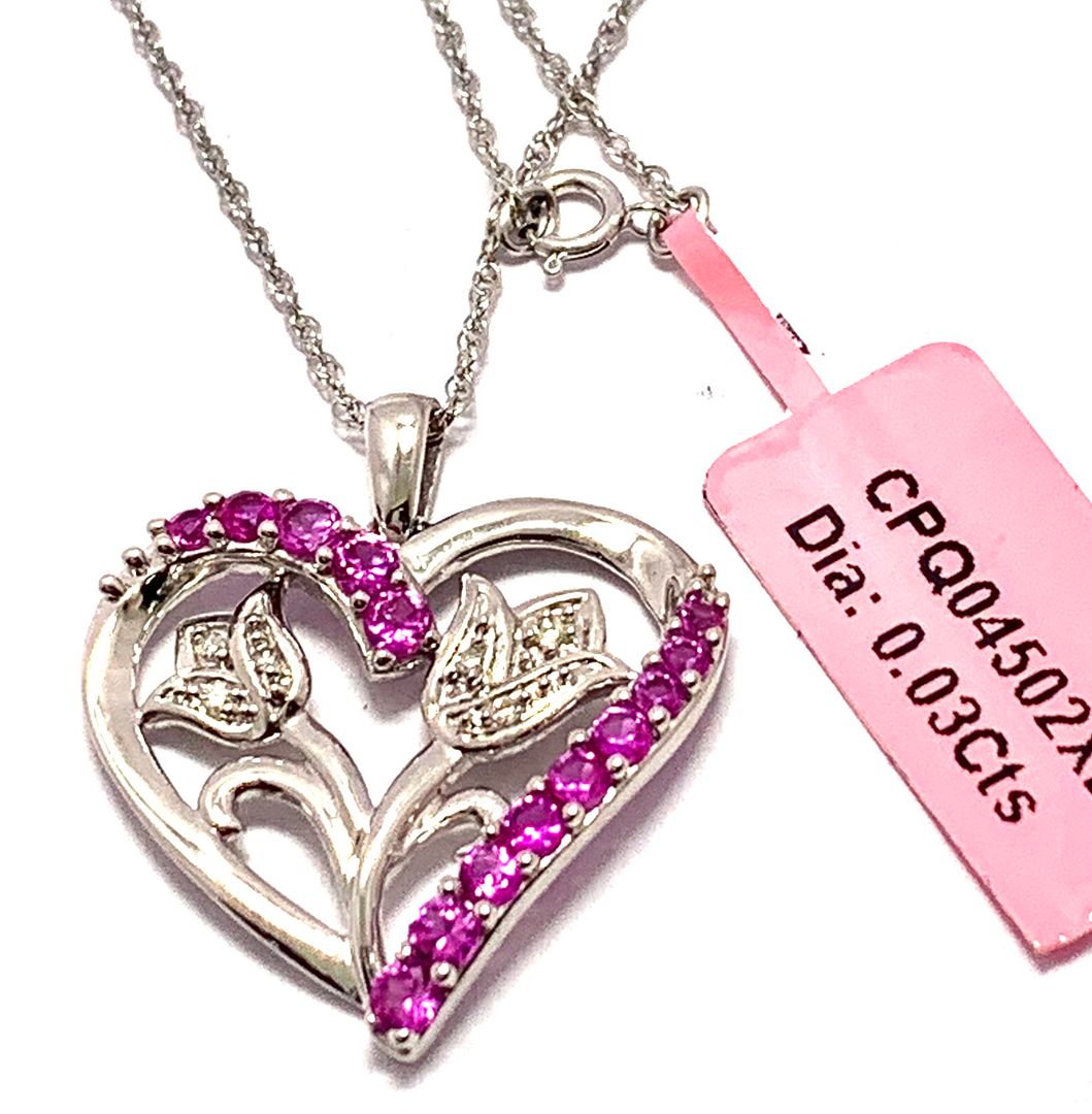 $89 Retail .925 Sterling Silver & 18k WG   0.03ctw Genuine Diamond & 0.50ctw Pink Topaz Heart Necklace