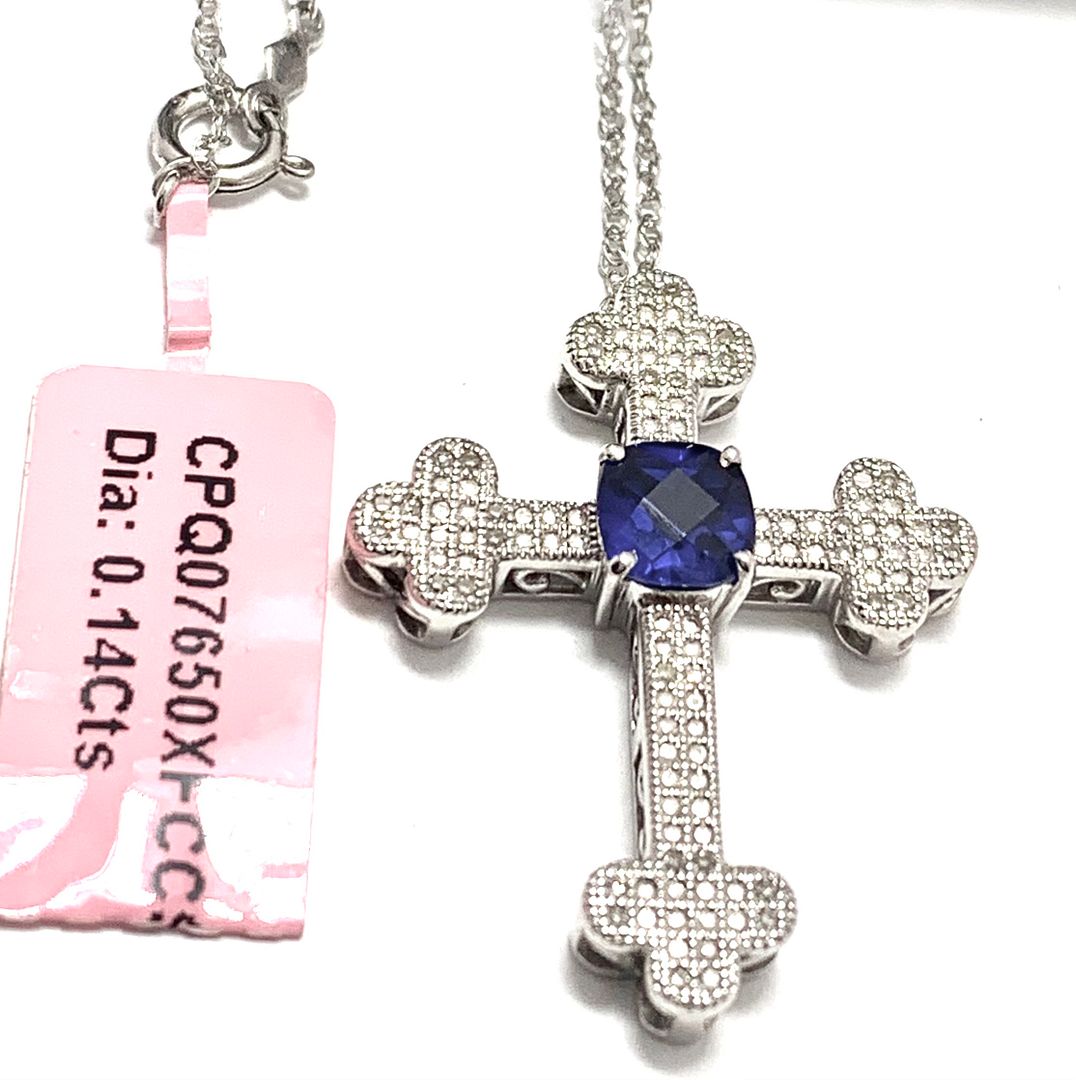 .925 Sterling Silver & 14k Gold 0.14ctw Real Diamond & 1.00ct Sapphire Antique Design Cross Necklace