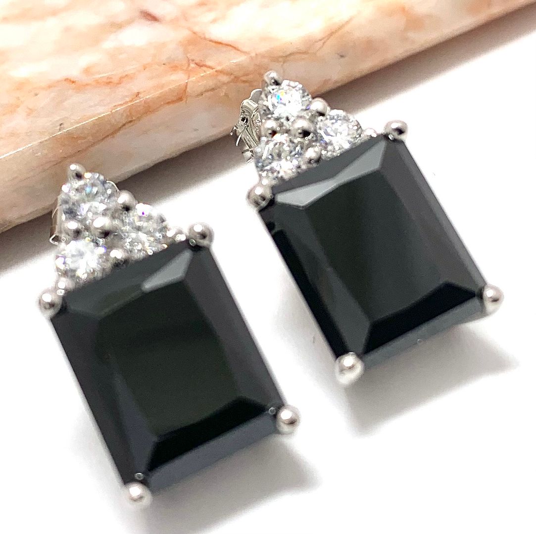 .925 Sterling Silver & 14k Whi.te Gold 12.00 ctw Black Spinel & 0.60ctw White Topaz Stud Earrings