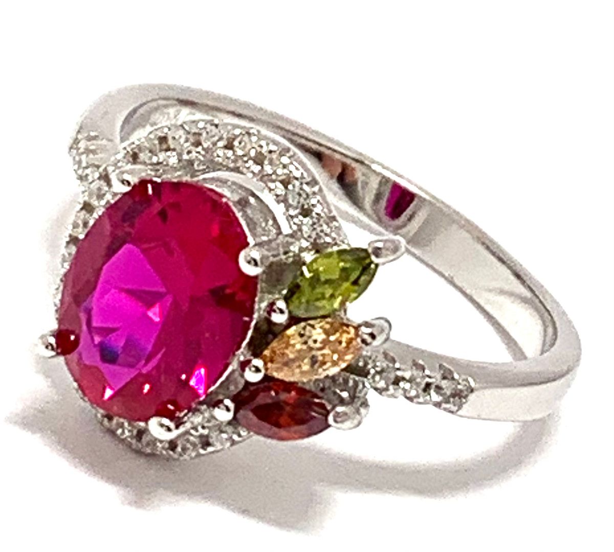 .925 Sterling Silver & 18k White Gold 4.75ctw Diamonique Diamond, Ruby & Multicolor Stones Ring