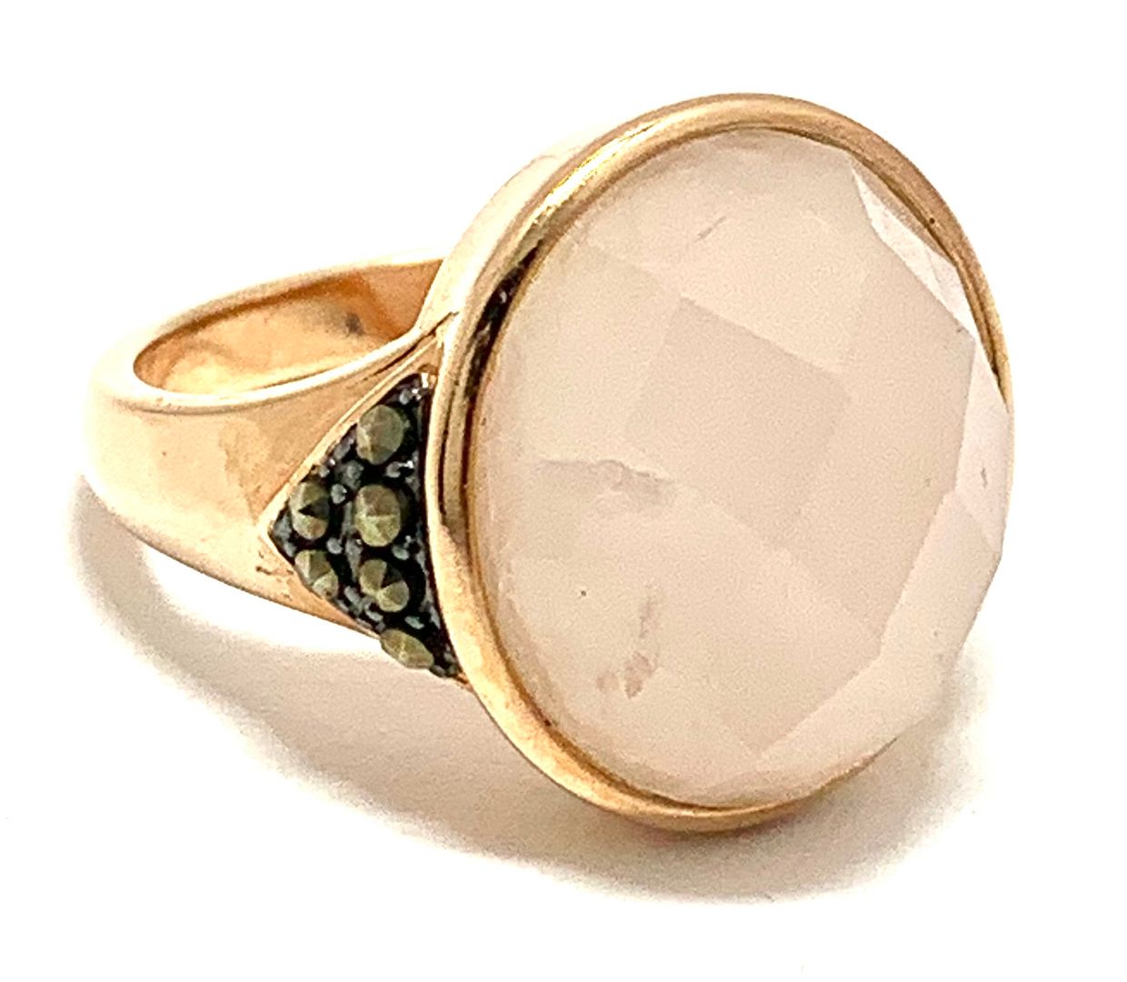 .925 Sterling Silver & 18k Yellow Gold 10.15ctw Genuine Pink Agat & Marcasite Ring