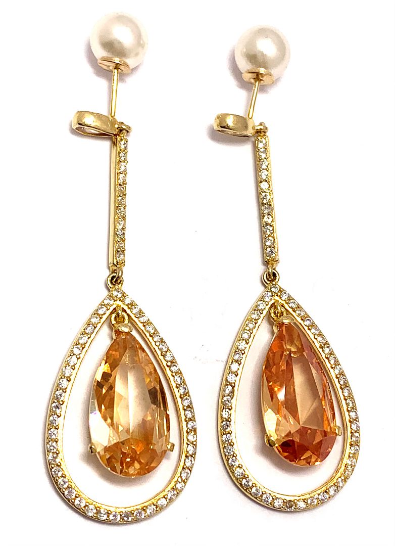 .925 Sterling Silver & 18k Yellow Gold 38.00ctw Golden Topaz & Diamonique Diamond Dangle Earrings
