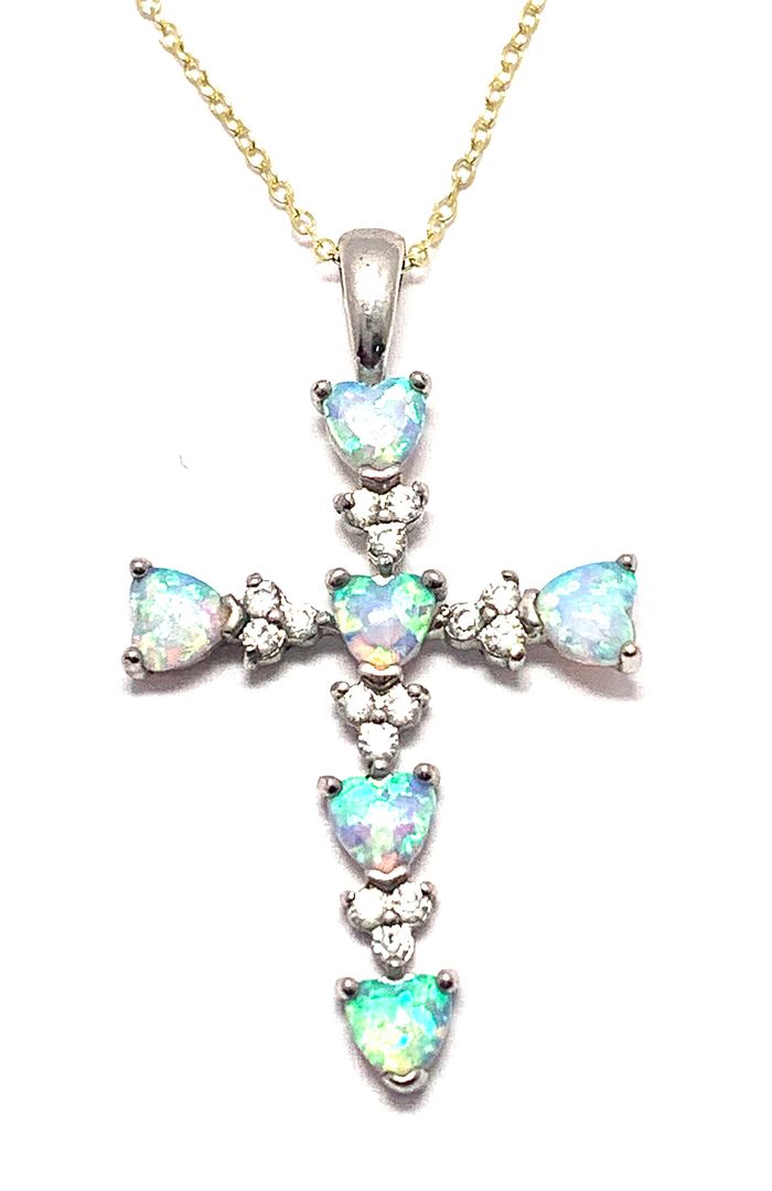 .925 Sterling Silver Chain & 18k Gold Overlay Cross 3.75 ctw Opal & Diamonique Diamond Necklace