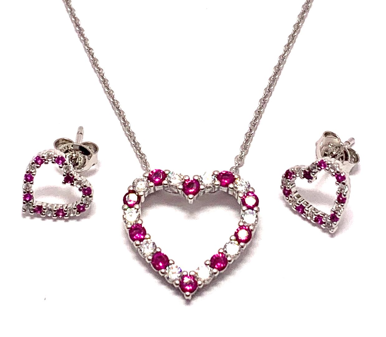 .925 Sterling Silver Chain 2.50ctw Ruby & Diamonique Diamond Traditional Design Necklace & Earrings Set