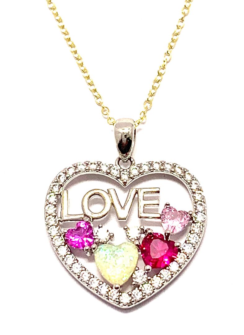 .925 Sterling Silver Chain 3.00ctw Opal, Ruby, Pink Topaz & Diamonique Diamond  LOVE Heart Necklace