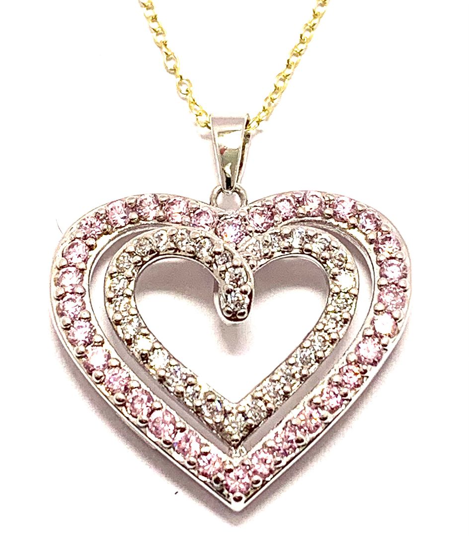 .925 Sterling Silver Chain 3.00ctw Pink Topaz & Diamonique Diamond  Heart Necklace