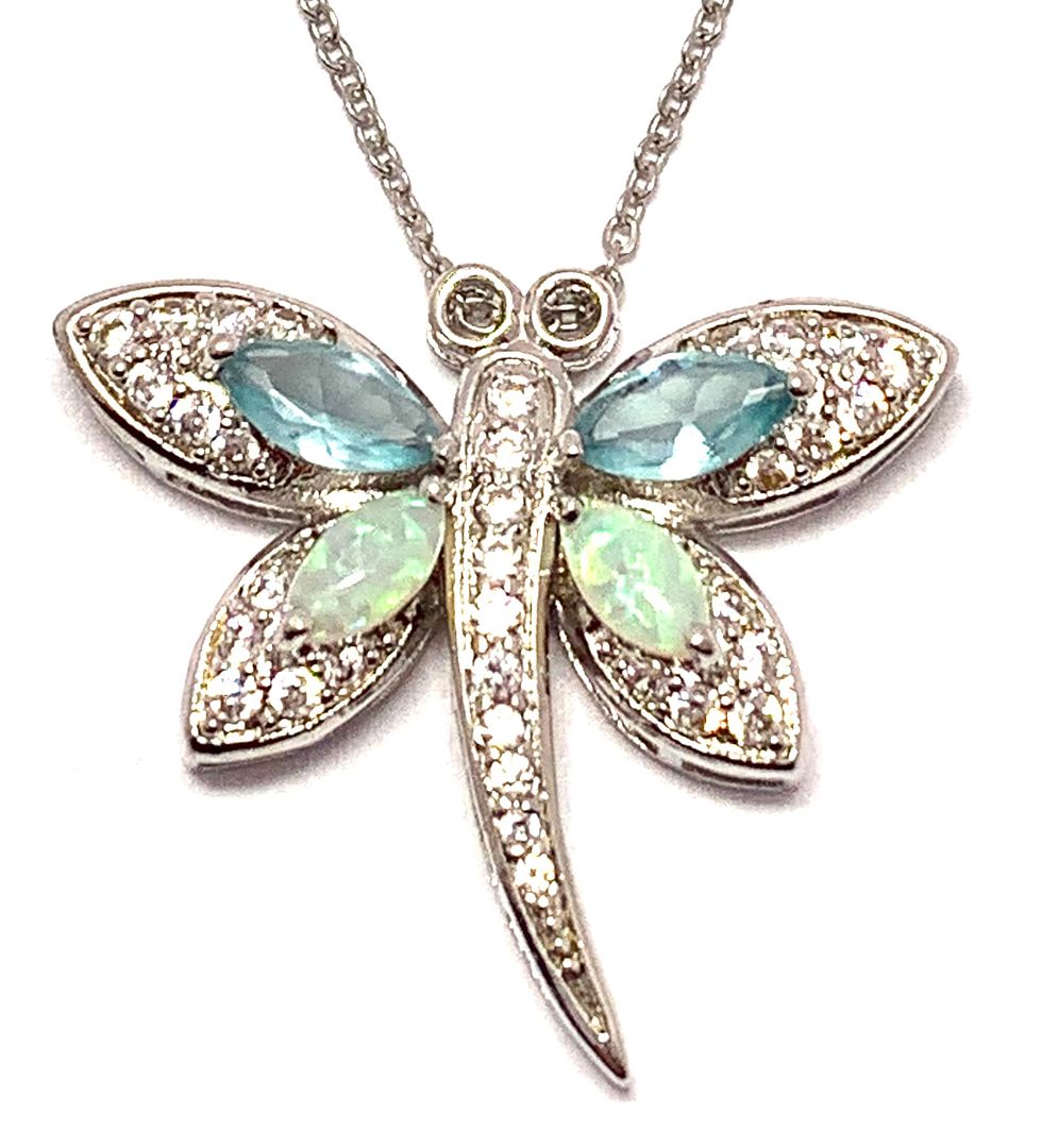 .925 Sterling Silver Chain 5.00ctw Opal, Blue Topaz & Diamonique Diamond Dragonfly Necklace