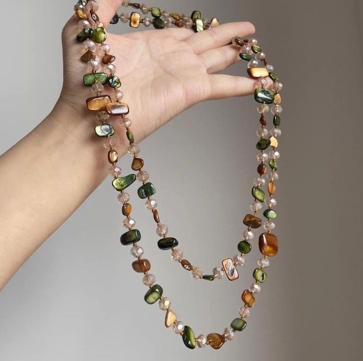 Designer Inspired  Multicolor Shell & Stones  Fancy 48” Long Necklace