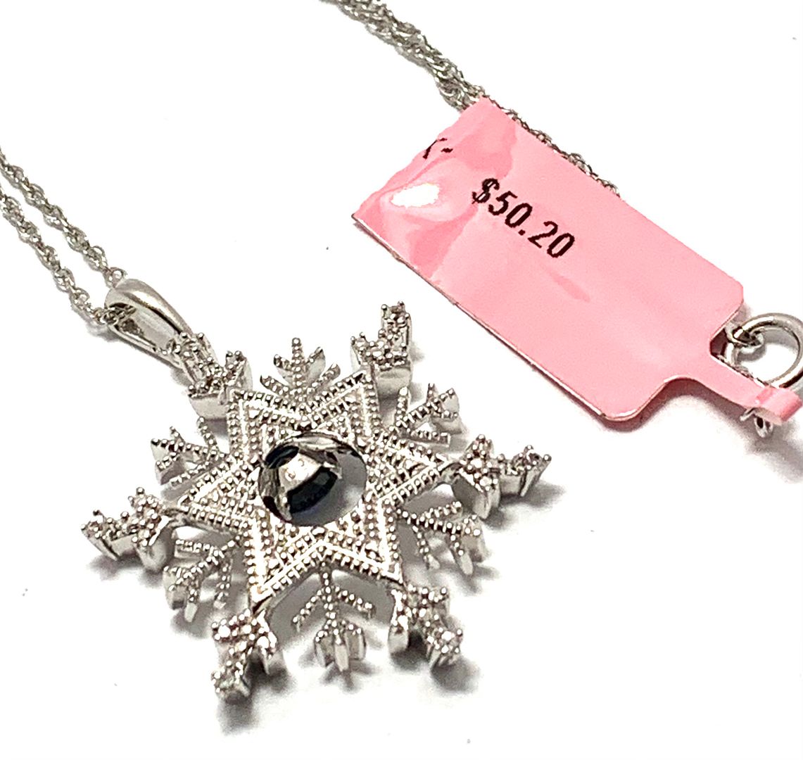 Genuine Diamond &   Blue Sapphire Star Necklace  14k White Gold ovr 925 Sterling Silver