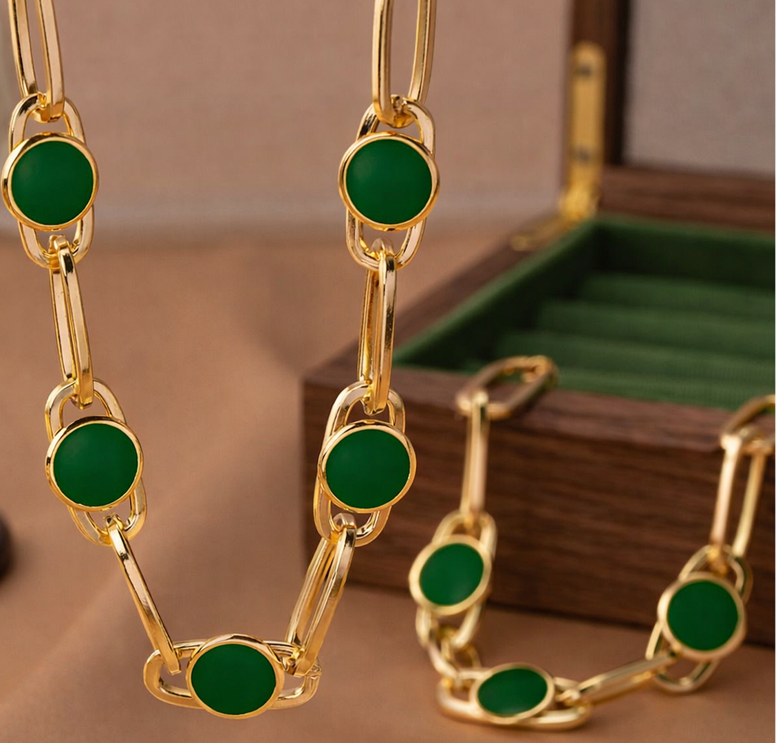Green Enamel Necklace & Bracelet Set 18K Gold Overlay
