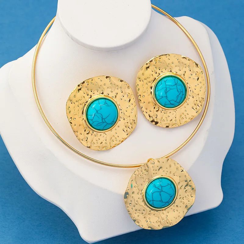Women's Elegant Round Turquoise Necklace Earring Set 14k Yellow Gold Ovr