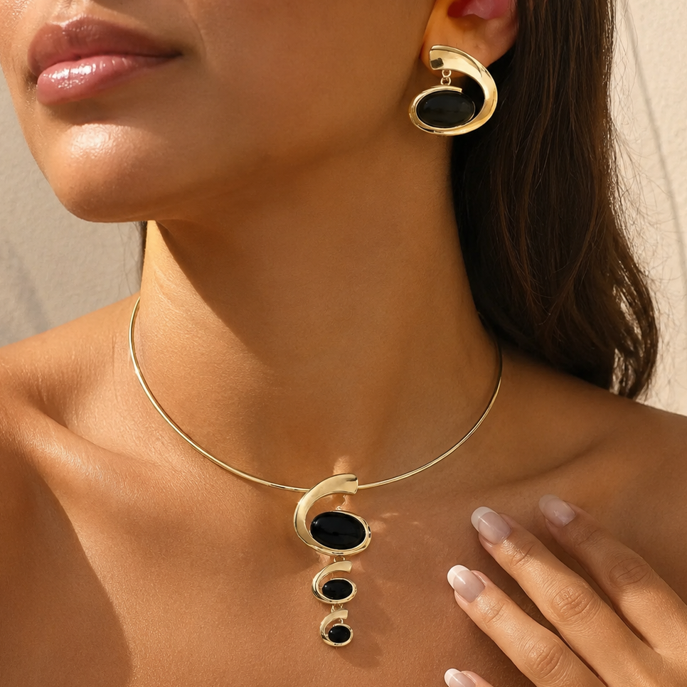 Women's Elegant Swirl Onyx Necklace Earring Set 14k White Gold Ovr