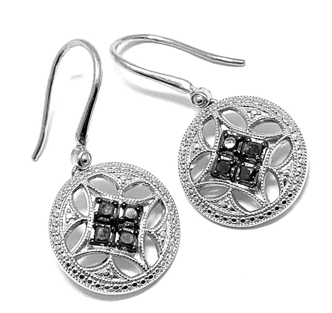 0.50ctw Genuine Black Diamonds  Earrings 14k White Gold & .925 Sterling Silver.