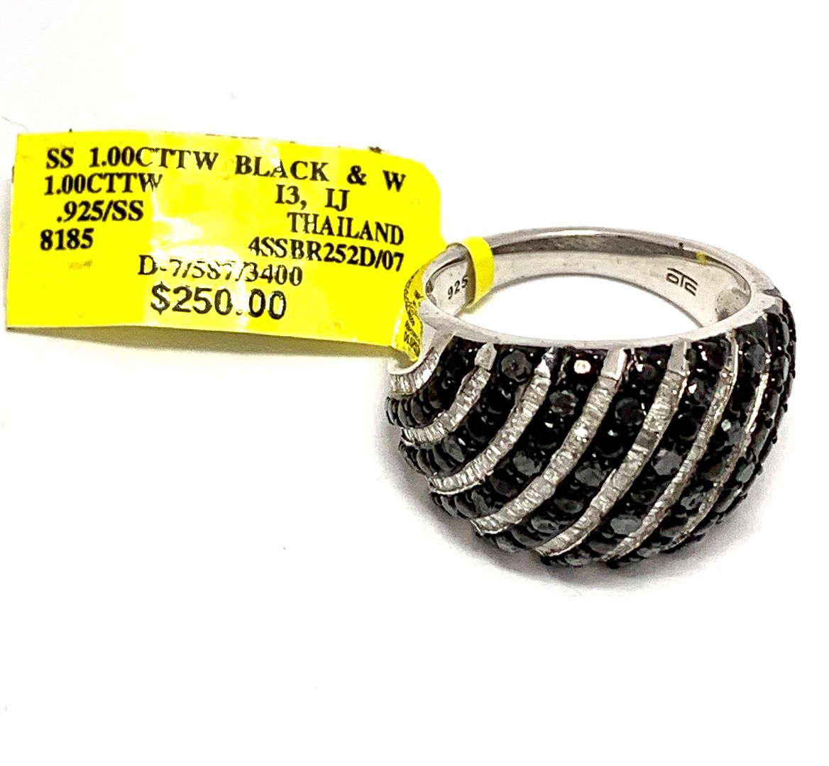 1.00ct Natural Diamond (Blk&Wht)  Dome Ring Solid .925 Sterling Silver &  14k White Gold Retail $250