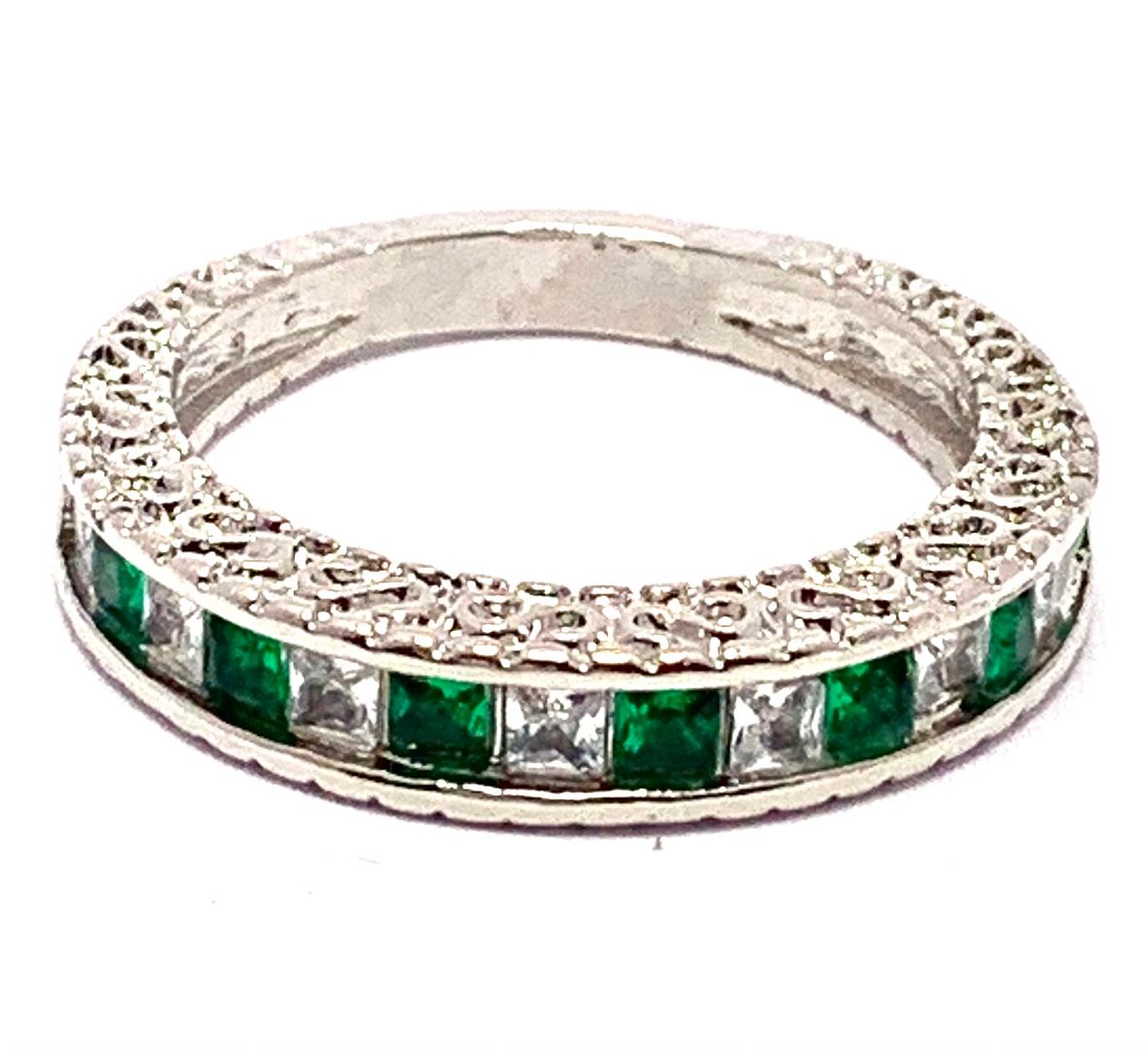 1.00ctw Emerald & Cubic Zirconia 18k White Gold Overlay Ring / Band